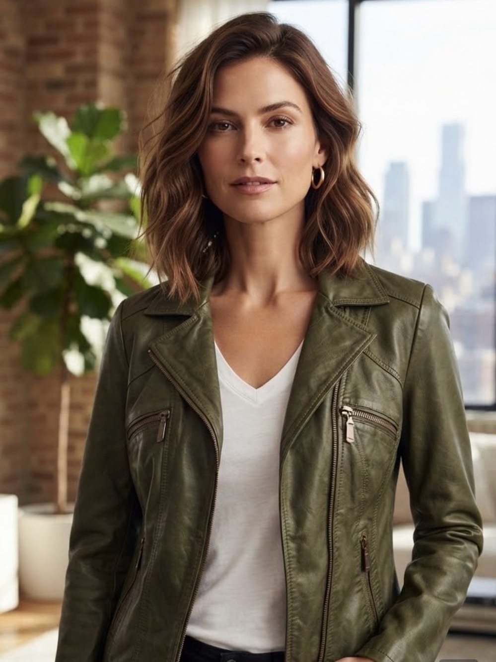 Olive Green Leather Moto Jacket